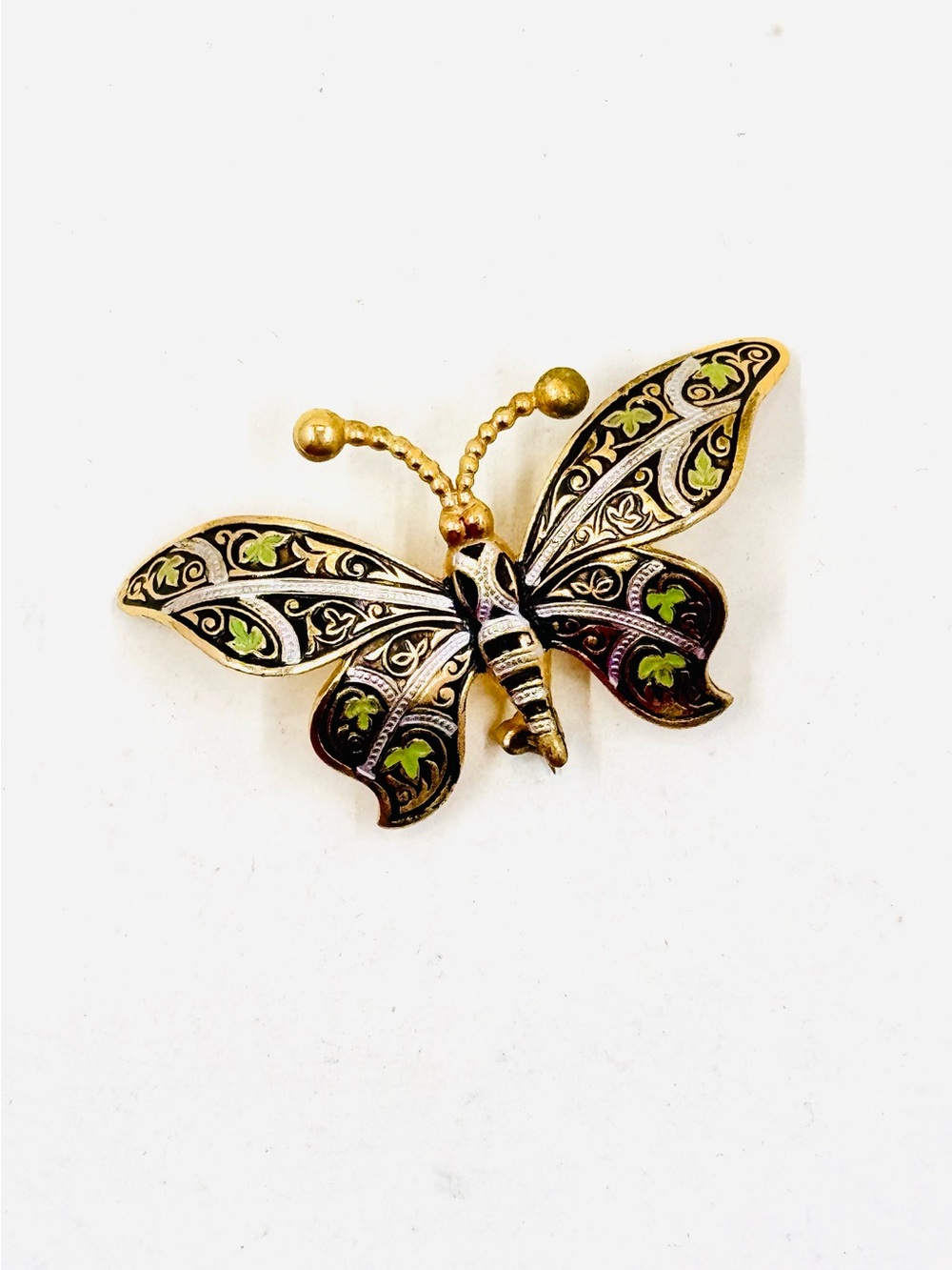 Vintage Damascene Gold Tone Black & Green Floral Butterfly Brooch  3”X2”